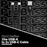 Pro Bass Cord Series 1.2m 15w USB-A to 2x USB-C Braided - Black - Image 3