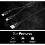 Pro Bass Cord Series 1.2m 15w USB-A to 2x USB-C Braided - Black - Image 4