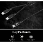 Pro Bass Cord Series 1.2m 15w USB-C to 2x USB-C Braided - Black - Image 3